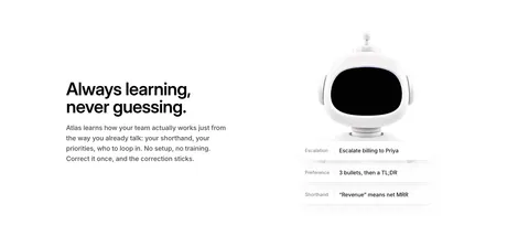 WorkOS features section: headline and copy on the left, white 3D robot with memory chips on the right, on white
