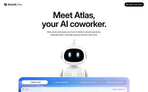 WorkOS hero section: centered headline above a 3D robot mascot and a tabbed Slack app mockup in a colorful gradient frame