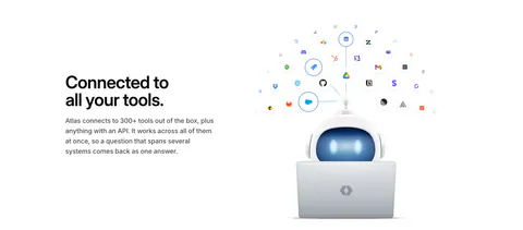 WorkOS integrations section: headline on the left, 3D robot at a laptop under an arc of connected app icons on the right