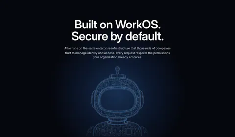 WorkOS security section: centered headline above a glowing blue wireframe robot on a dark navy background