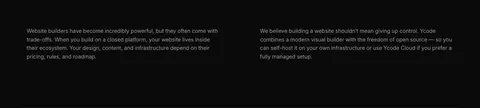 Ycode about & mission section: two columns of gray paragraph text about closed platforms and open source control on black