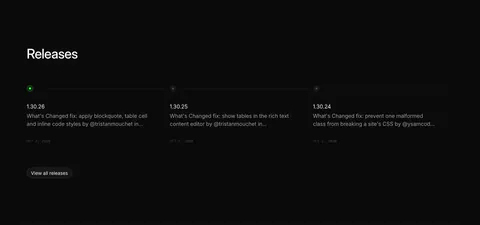 Ycode blog & resources section: releases heading above three changelog entries on a horizontal timeline with a view all button
