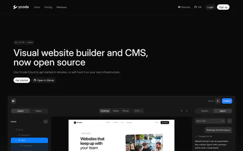 Ycode hero section: left-aligned headline with version badge and two buttons above a large website editor screenshot on black