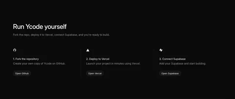 Ycode how it works section: headline above three numbered steps with icons and buttons for GitHub, Vercel and Supabase on black