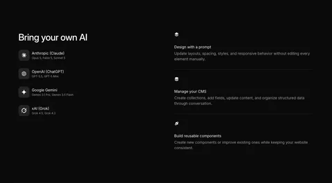 Ycode integrations section: headline over four AI provider rows with icons on the left, three AI feature rows on the right, black