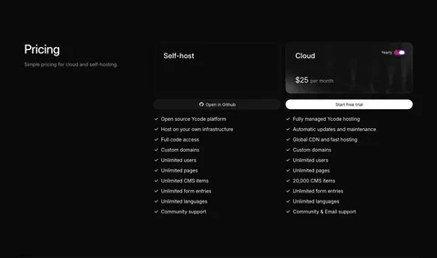 Ycode pricing section: heading on the left, self-host and cloud plan cards with a yearly toggle and checkmark feature lists