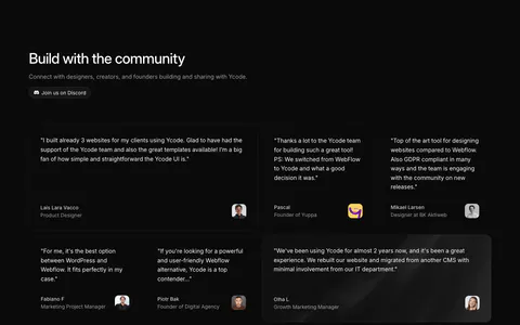 Ycode testimonials section: headline with Discord button above a bento grid of six quote cards in mixed widths with avatars