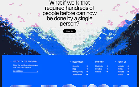 Zamp footer section: centered question CTA over pixel-art mountains above a bright blue panel with link columns and a giant dotted zamp wordmark