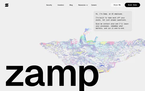 Zamp hero section: giant zamp wordmark under a dithered pixel-art figure on a laptop, chat-style intro box and grayscale logo row on light gray
