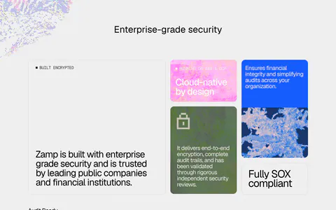 Zamp security section: bento of textured color cards with encryption and SOX claims above a list of SOC, ISO, GDPR and HIPAA compliance rows