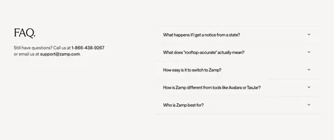 Zamp FAQ section: serif FAQ heading with contact details on the left and an accordion of five questions on the right
