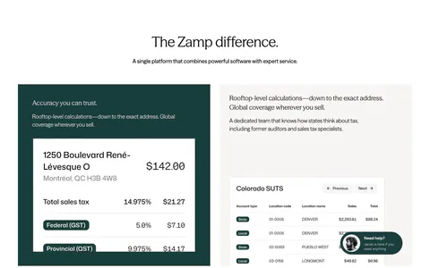 Zamp features section: centered headline above a grid of dark green and light tiles with tax UI snippets and a black banner