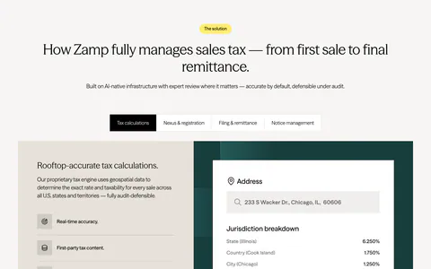 Zamp features section: centered heading over a tab bar and split panel with feature list on beige and a tax calculation card on dark green