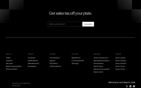 Zamp footer section: black footer with centered headline and email field above six link columns, address and social icons