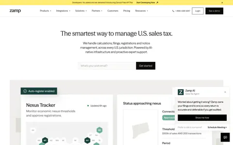 Zamp hero section: centered sales tax headline with work email field above a nexus tracker dashboard with US state hex map on white