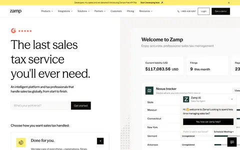 Zamp hero section: left headline with work-email field and service option cards beside a sales tax dashboard screenshot