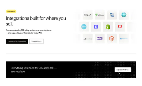 Zamp integrations section: heading and buttons beside a grid of ERP and e-commerce app icon tiles, above a black banner strip