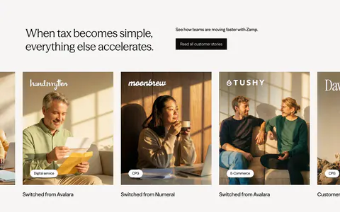 Zamp testimonials section: headline and stories button above a carousel of customer photo cards with brand logos and tags