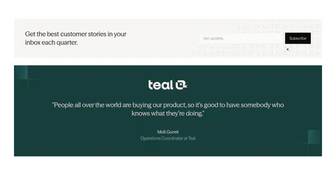 Zamp newsletter section: subscribe strip with email field above a dark green band with a centered Teal customer quote