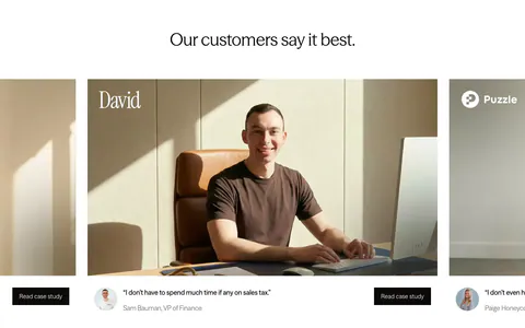 Zamp testimonials section: centered headline above a carousel of customer photo cards with short quotes and case study buttons