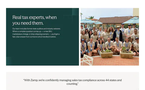Zamp value proposition section: dark green text panel beside a staff group photo, above a centered customer quote band on light gray