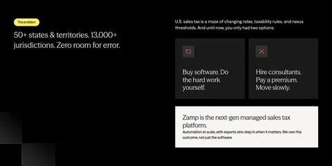 Zamp value proposition section: problem statement on the left and dark option cards with a light Zamp answer card on the right, on black